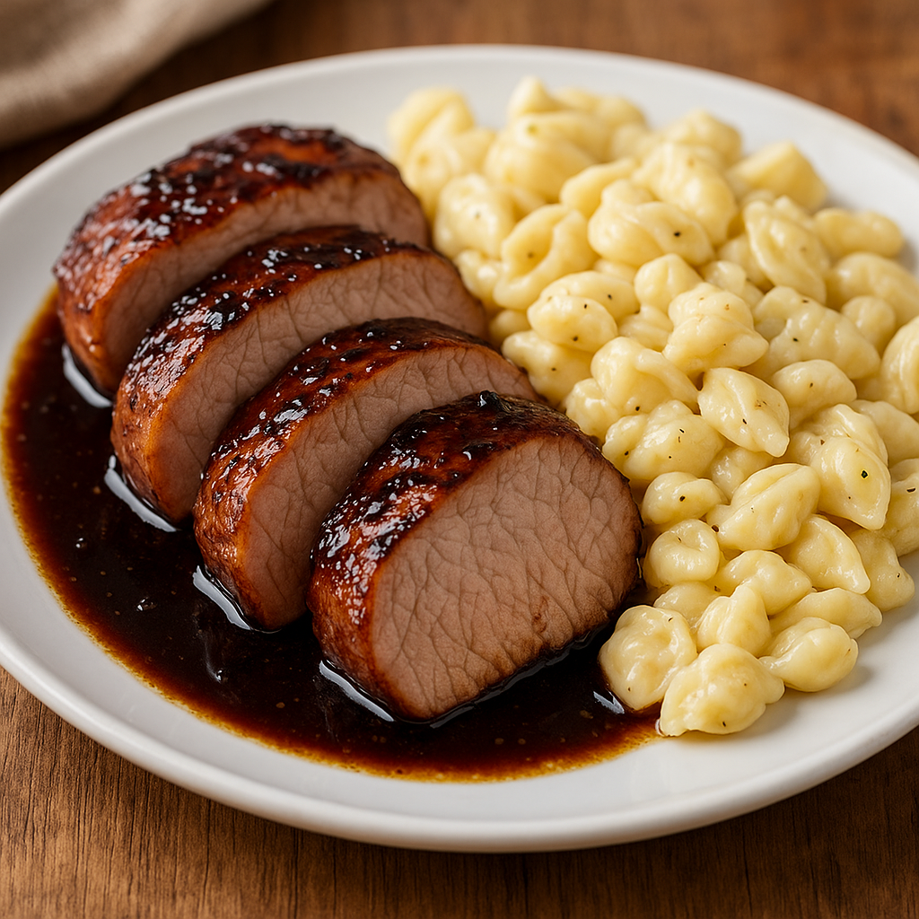 Balsamic Pork Tenderloin with Garlic Shells